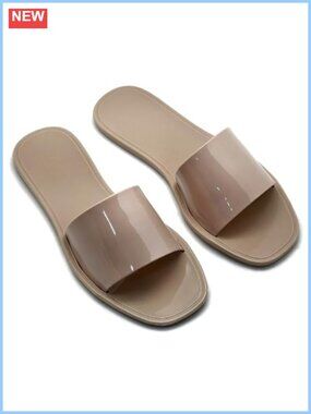 Jelly Flat Slide Sandals Square Open Toe Slip On PVC Beach Slippers